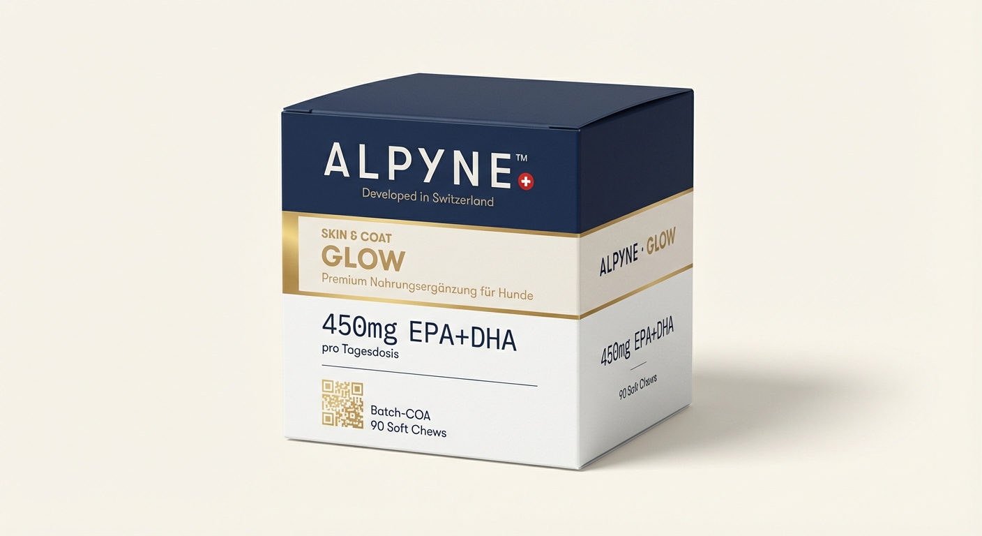 ALPYNE GLOW Verpackung · Omega-3 Soft Chews für Hunde, 90 Stück, 225mg EPA+DHA pro Stück